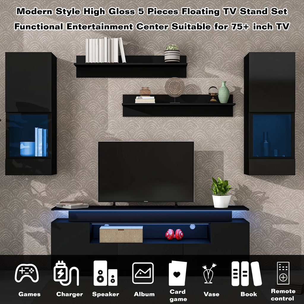 Black High Gloss Wall Mounted Floating TV Stand Set D680