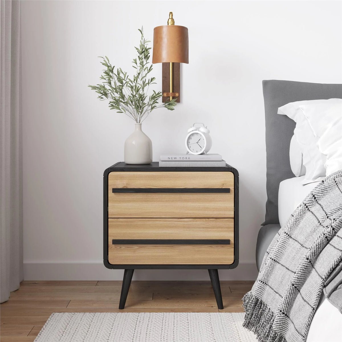 Black and Oak 2 Drawer Nightstand U9336