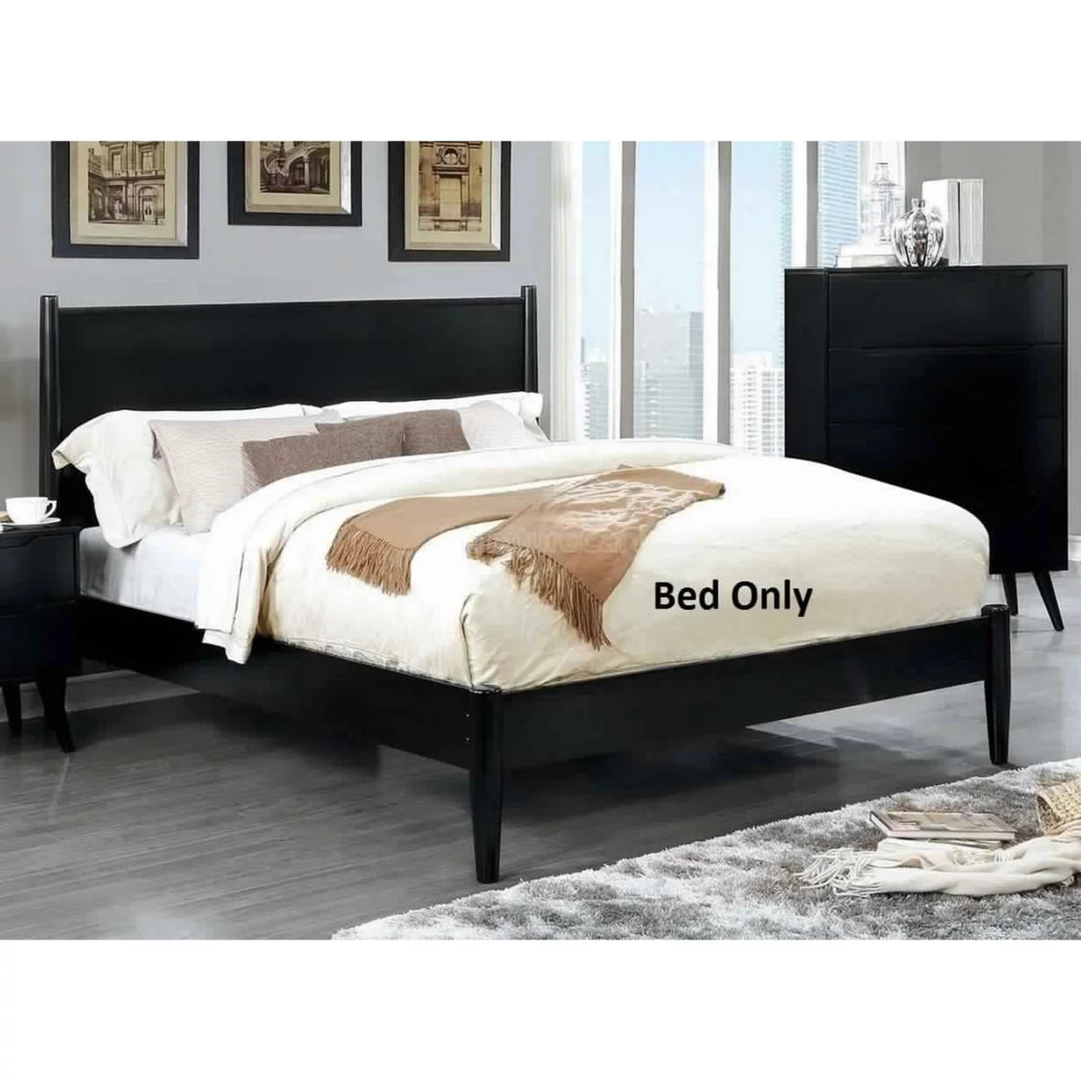 Black Wood Eastern King Size Bed with Panel Headboard H185