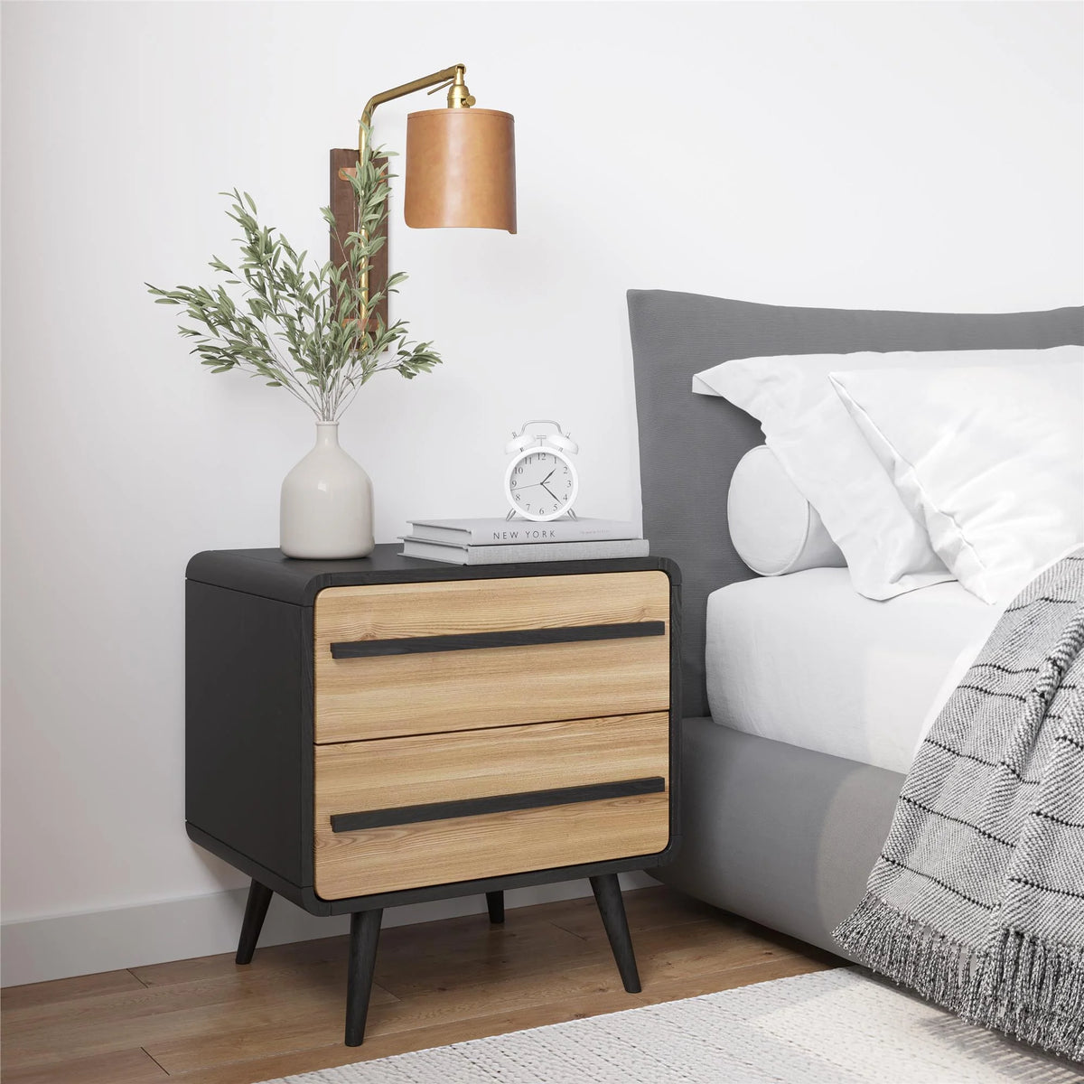 Black and Oak 2 Drawer Nightstand U9336