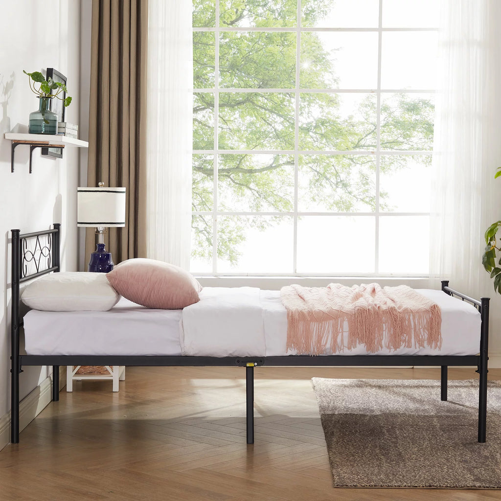 Twin Size Black Metal Platform Bed Frame with Headboard R35422