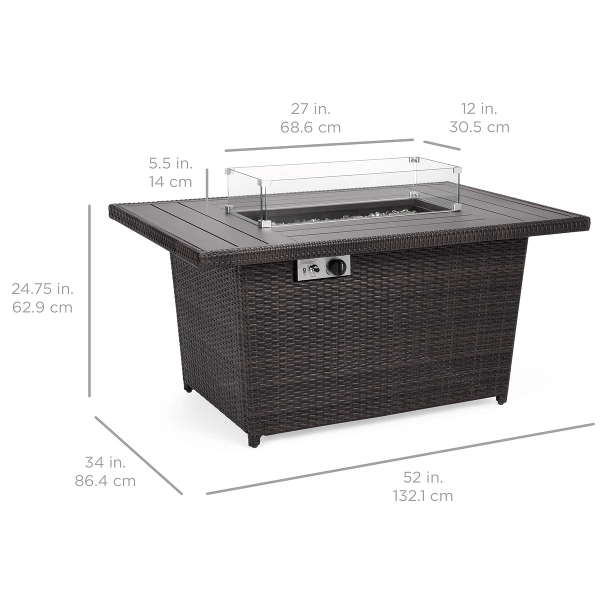 52in Wicker Propane Gas Fire Pit Table 50,000 BTU with Glass Wind Guard Z924