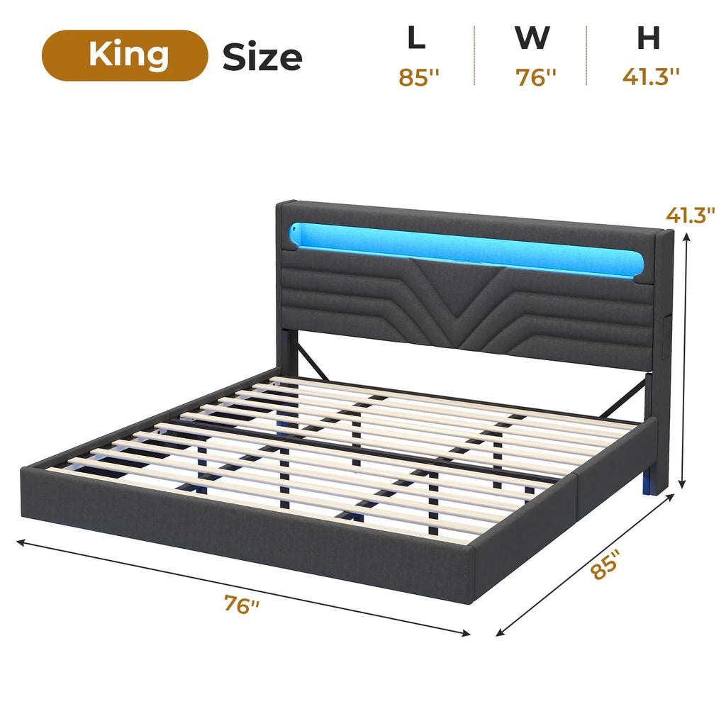 Queen Floating Bed Frame with LED Lights Headboard, USB-C/A Power Combo, Upholstered Platform Bed, Dark Gray R4299