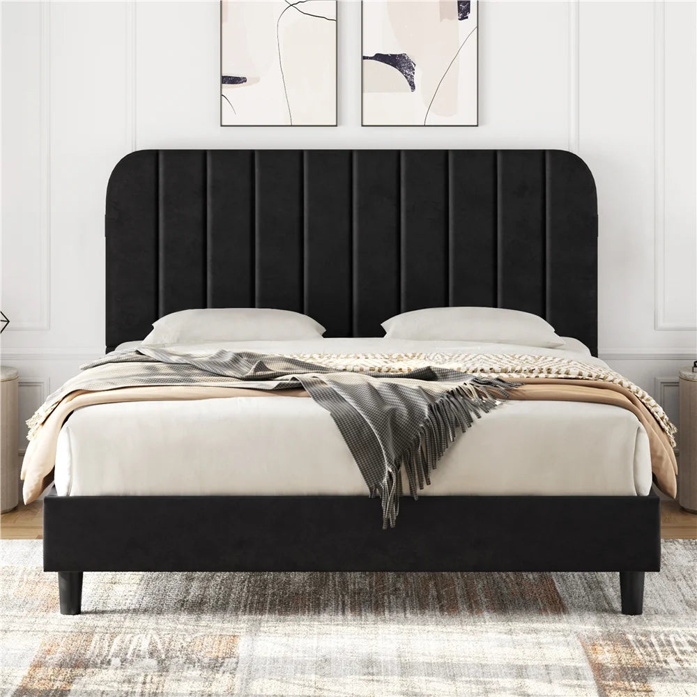 Black Upholstered Queen Platform Bed with Headboard J23438