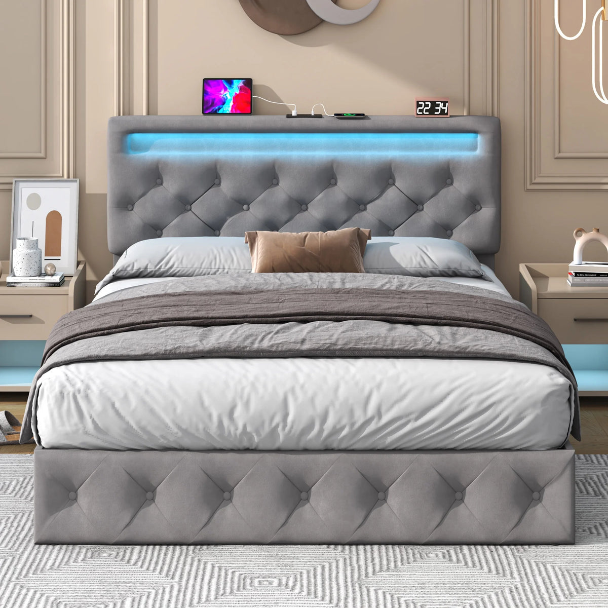 Beige Queen Lift Up Storage Bed with LED Light & Power Station F3418