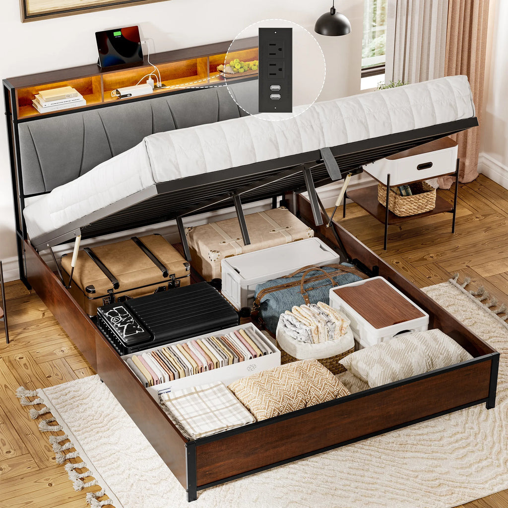 Full Size Lift Up Storage Platform Bed with Wingback Headboard N8162
