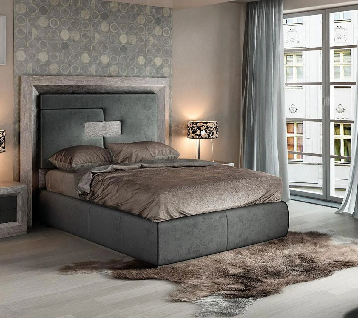 Gray High Headboard Queen Bed U367586