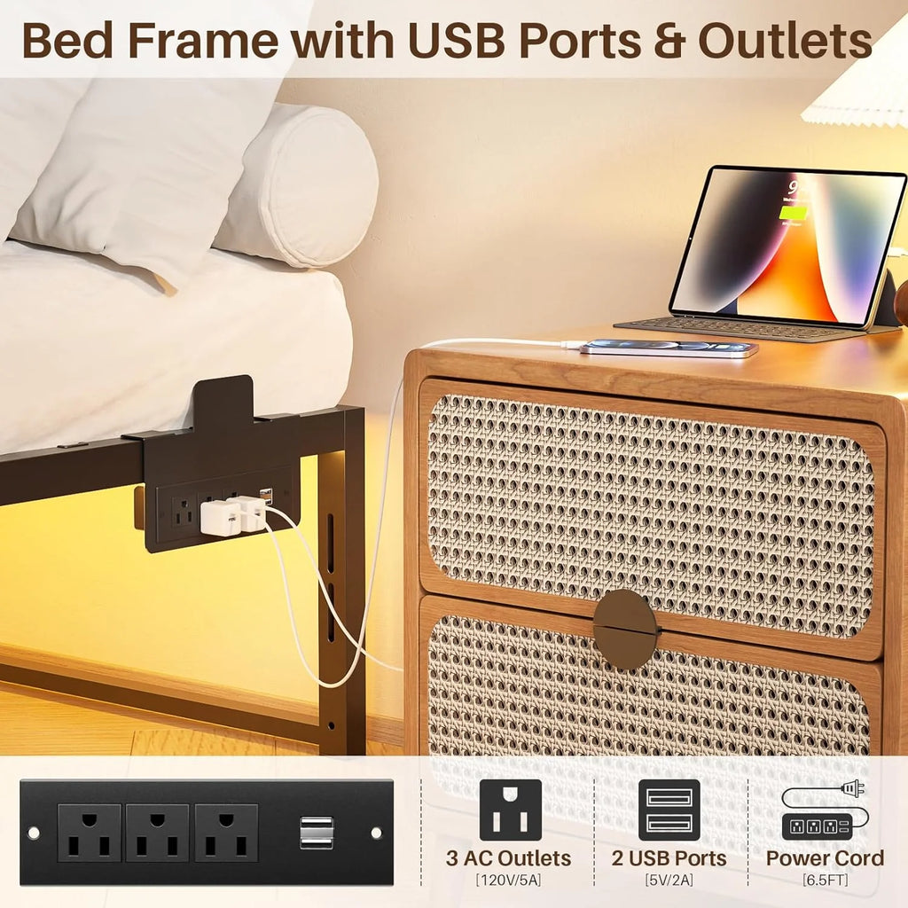 14 Inch Queen Size Metal Platform Bed Frame with Charging Station and LED Lights F40279