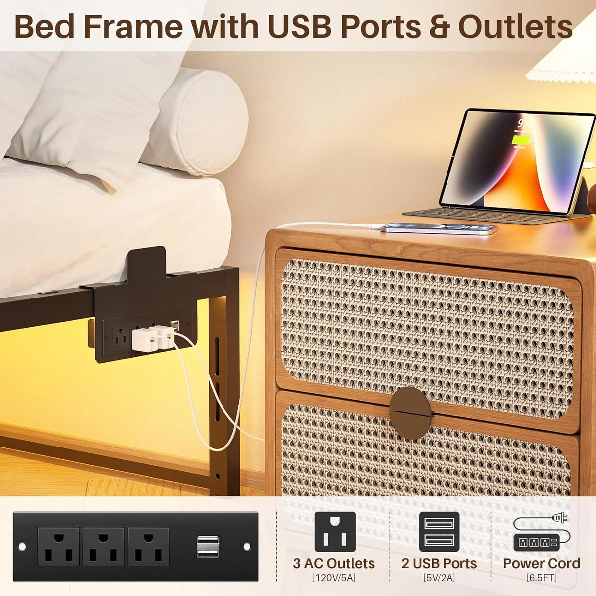 14 Inch Queen Size Metal Platform Bed Frame with Charging Station and LED Lights F40279