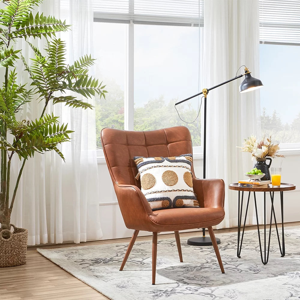 Brown Faux Leather Wingback Accent Chair J61820